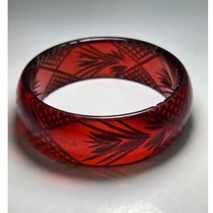 Vintage Bakelite‎ Reverse Carved Cherry Amber Bangle Bracelet 2.5" ID x 1" Wide
